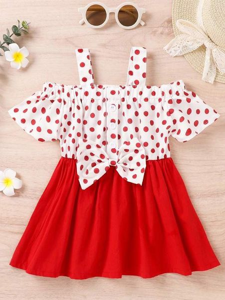 

baby polka dot bow front cold shoulder button detail dress she, Red;yellow