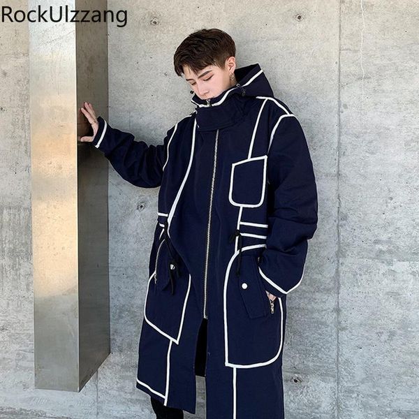 

fall spring oversized coat windbreaker men fashion clothing contrast stitch zipper pocket hooded navy trench jaqueta plus size, Tan;black