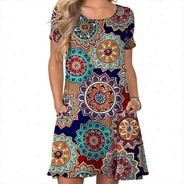 

summer dress 2021 new boho beach style short sundress women tunic casual pockets short sleeve print dress loose vestidos, Black;gray