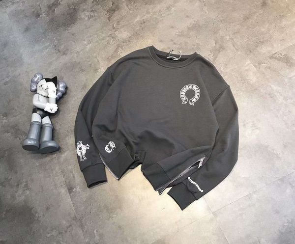 

new croxin round neck hem double zipper sanskrit print skin cross pure cotton men's and women's plush sweater, Black