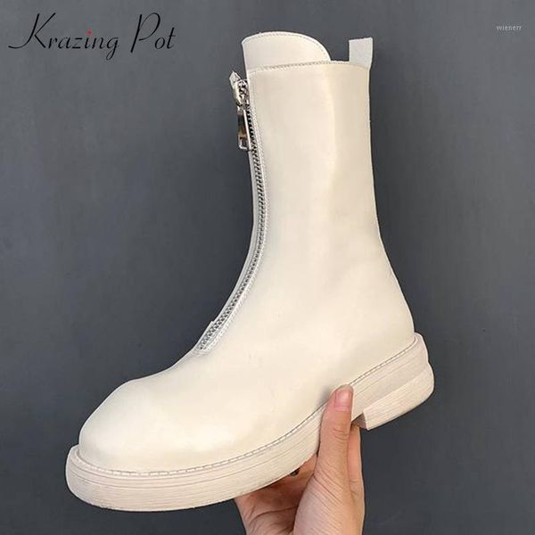 

krazing pot motorcycle boots real leather high fashion catwalk med square heel round toe zip handsome punk mid-calf boots l5f21, Black