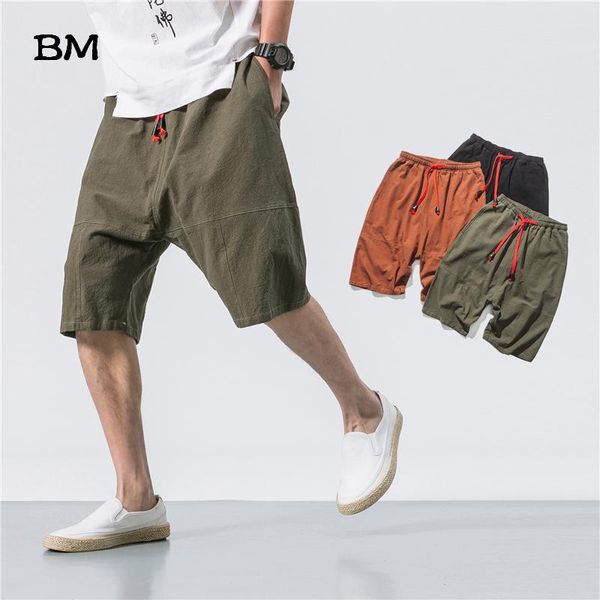 

summer chinese style men loose linen shorts knee length short trousers male bermuda casual board shorts streetwear fashions, White;black