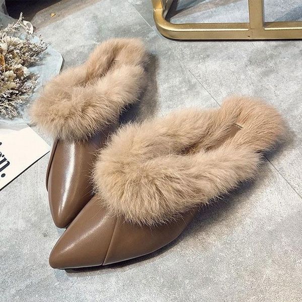 

slippers women ladies shoes winter mules fashion female warm plush woman pointed toe fluffy slipper autumn 2021, Black