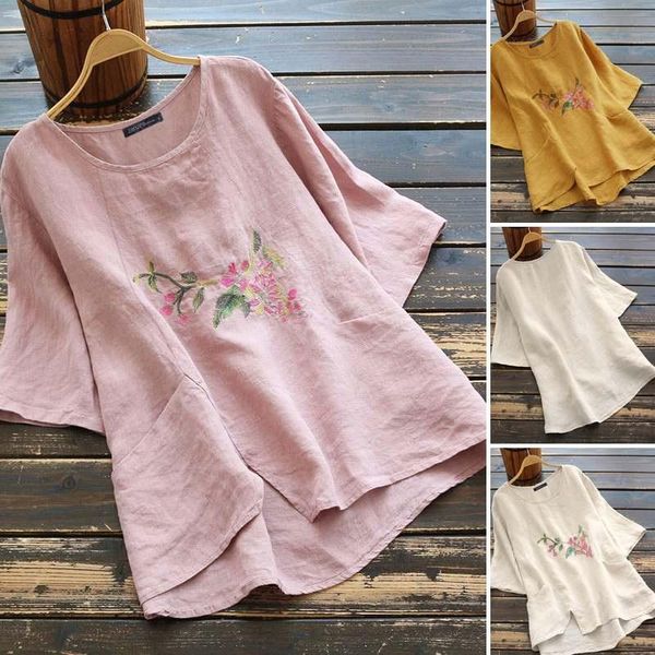 

women's blouses & shirts plus size tunic embroidery blouse 2021 zanzea elegant floral casual short sleeve female o neck blusas, White