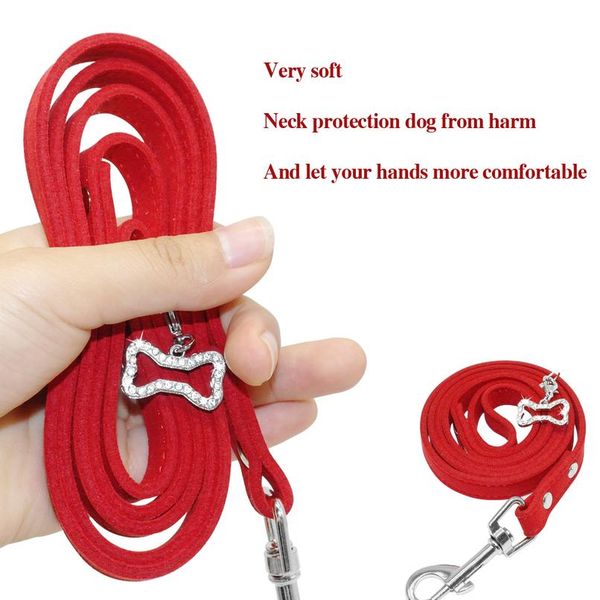 

soft suede leather pet dog leash cats dogs walking lead rope with bling rhinestone bone pendant pet cat collar leash sqcvle