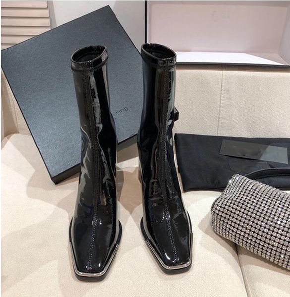 

chunky high heel ankle boots women metal line square toe elastic shinny genuine leather black suede boots winter shoes