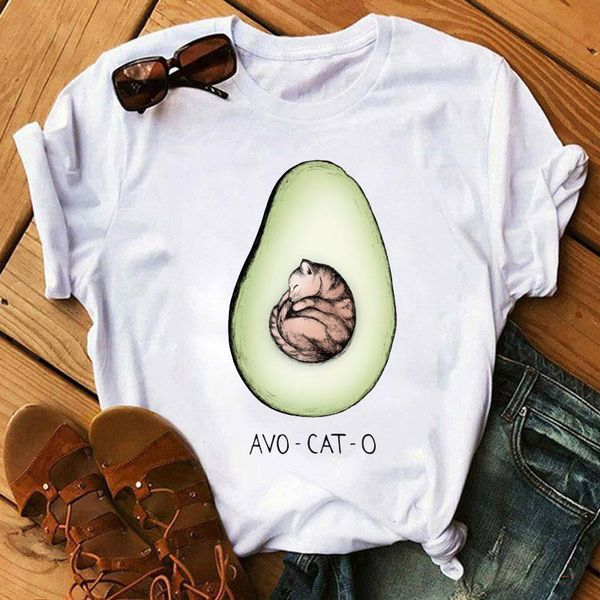 

avo-cat-o tshirt new fashion women tshirt cartoon avocado tee shirts casual loose femela t-shirts clothes femme, White