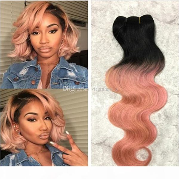 

pink ombre hair extensions 3 bundle deals soft 9a rose gold dark roots ombre indian body wave wavy virgin human hair 3pcs lot, Black