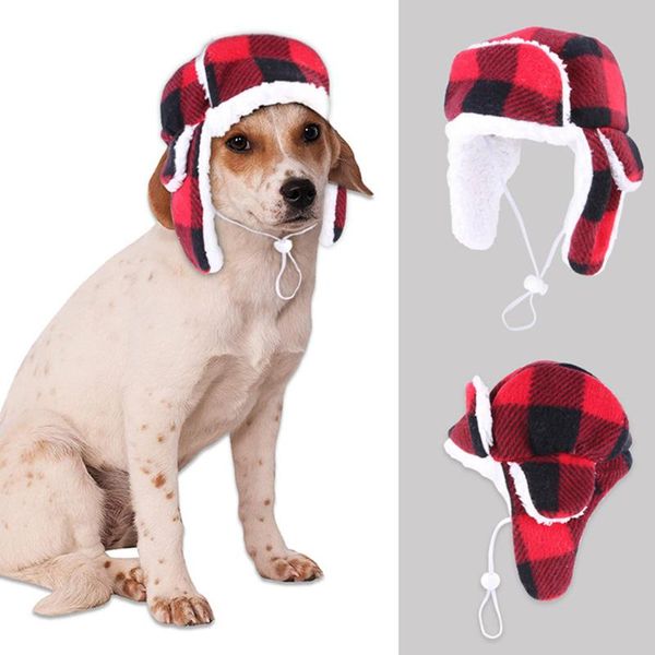 

dog apparel pet fleece cap plaid puppy headwear winter warm plush knitted headgear golden drawstring for supplies
