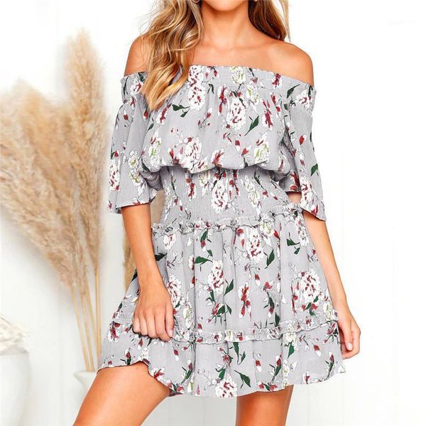 

women's print chiffon dress female spring summer seven-point sleeve off shoulder high waist stitching pleated short dress1, Black;gray
