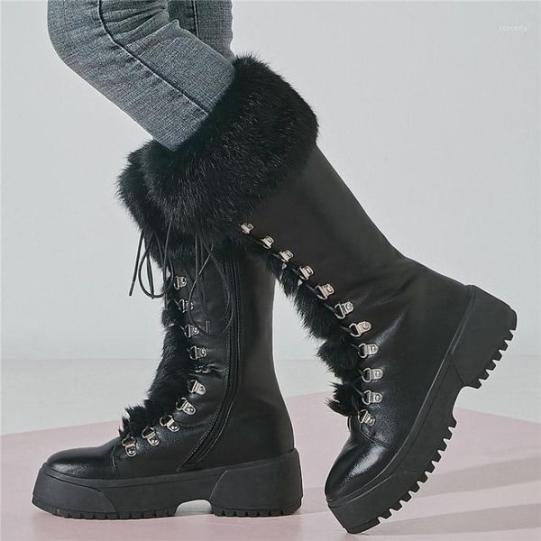 

women lace up strappy cow leather high heel knee high boots round toe platform oxfords shoes fur winter pumps1, Black