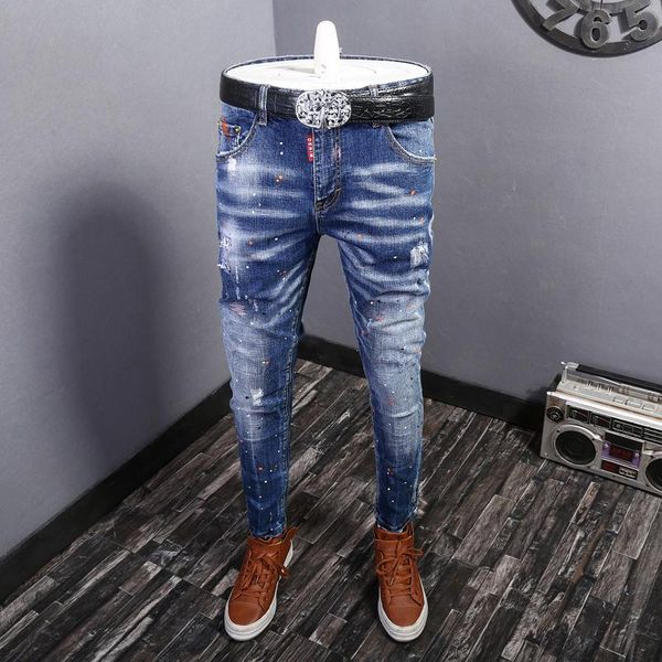 

fashion streetwear men jeans blue color elastic slim fit ripped denim pants painted designer hip hop long trousers