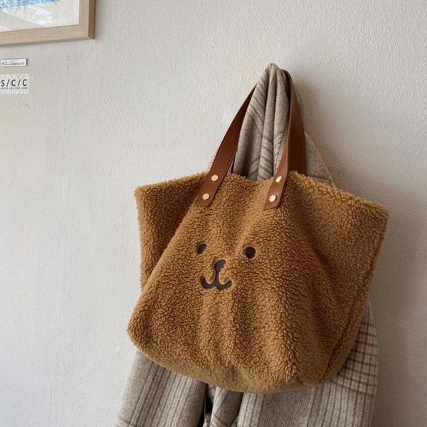 

winter cute bear women soft plush tote bag simple solid color ladies furry handbags casual large capacity female shoulder bags