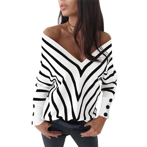 

imcute women fashion off shoulder knitted sweater v neck long sleeve striped loose pullover spring auutmn sweater, White;black