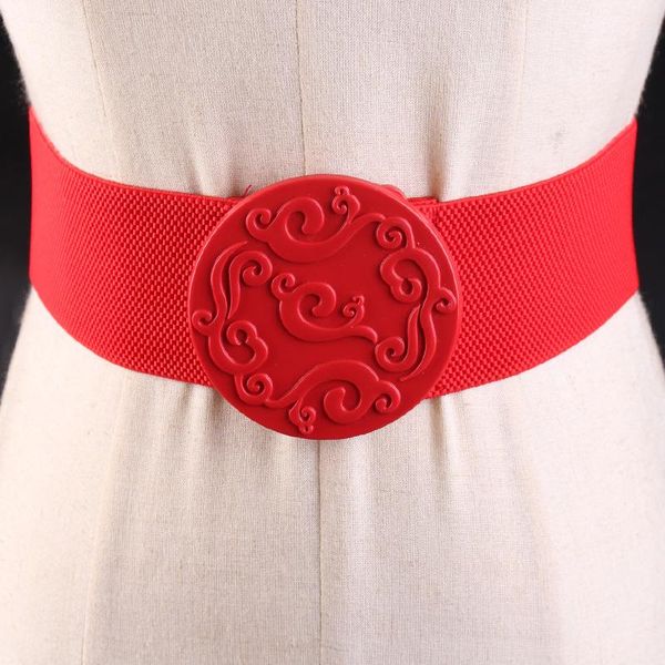 

red elastic stretch wide belt ladies retro waistband women round buckle decorative dress fashion female girdle h3165, Black;brown
