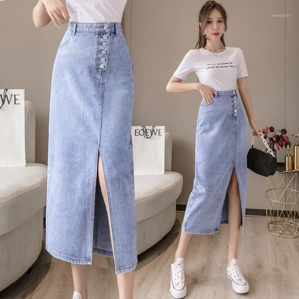 

autumn women denim skirt fashion side button high split long skirts womens 2020 sweet a line package hip high waisted skirt1, Black
