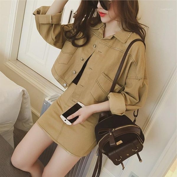 

2020 autumn winter 2 piece set women short jeans jacket casual coat & slim solid casual high waist pencil denim skirts suits q91, White