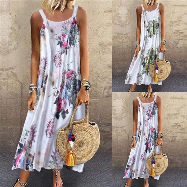 

летнее платье 2019 сексуальные женщины винтажные женщины без рукавов плюс размер богемный цветочный принт maxi vestido халат femme vestidos, Black;gray