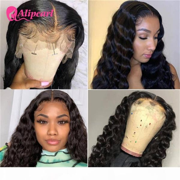 

alipearl hair loose deep wave human hair wig 4x4 closure wig brazilian t part lace wigs pre-plucked for woman 150% 180% density, Black;brown