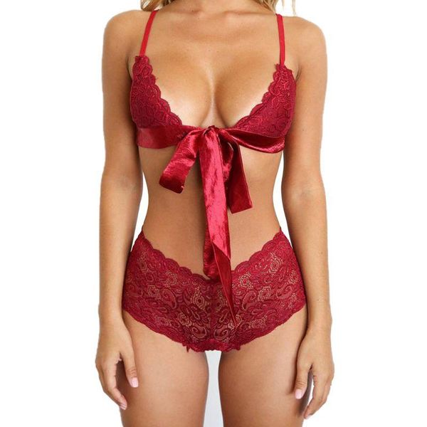 

women bra set solid color lace big bow bra + v-shaped lace two-piece underwear set lingerie sets, Red;black
