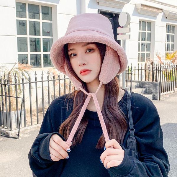 

wide brim hats women's warm winter plush cycling ear protection bucket hat korean lovely basin student russian fleece fisherman's, Blue;gray