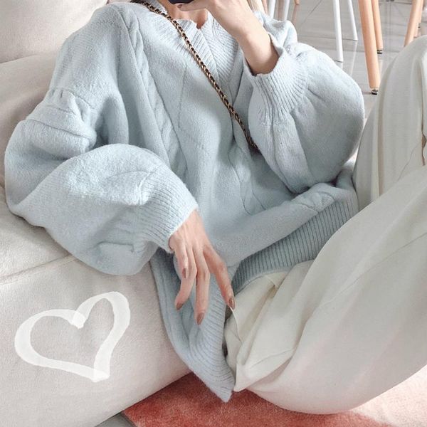 

women's sweaters 2021 winter korean casual v neck lantern sleeve loose hair soft thicked pullover women oversized knitted sweater, White;black