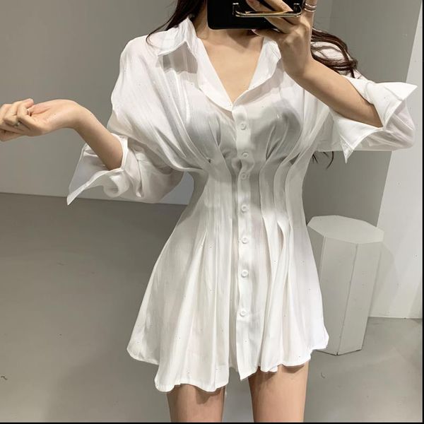 

shirt satin dress bandage pleated see through mini white elegant long sleeve party elegant black spring pink robe femme, Black;gray