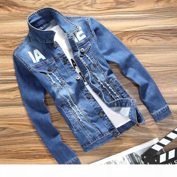 

autumn denim jacket men fashion casual parka letter print denim jean coat 3xl scratched hole design slim fit jaqueta masculina, Black;brown