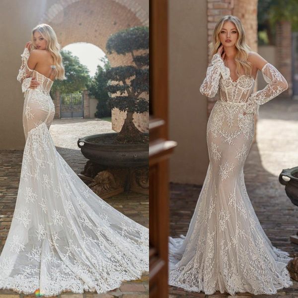 Eleganti abiti da sposa a sirena Illusion con maniche lunghe staccabili Corsetto in pizzo Abiti da sposa Backless Bohemian robes de mari￩e