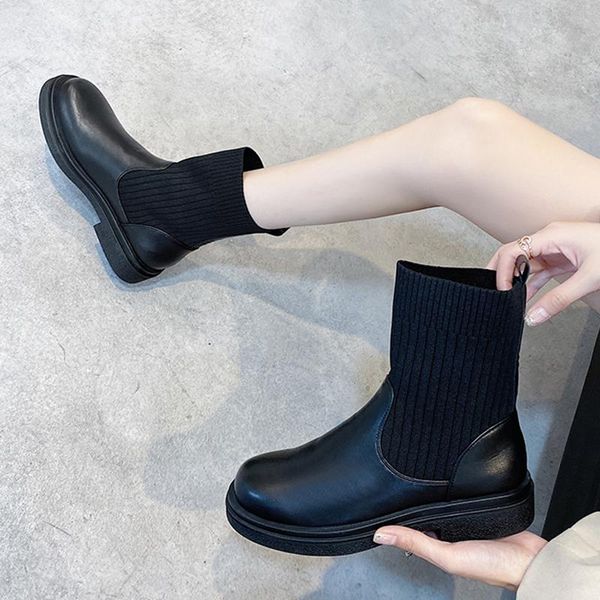 

boots socks heels female shoes luxury designer winter footwear round toe boots-women stockings ladies fashion rubber, Black
