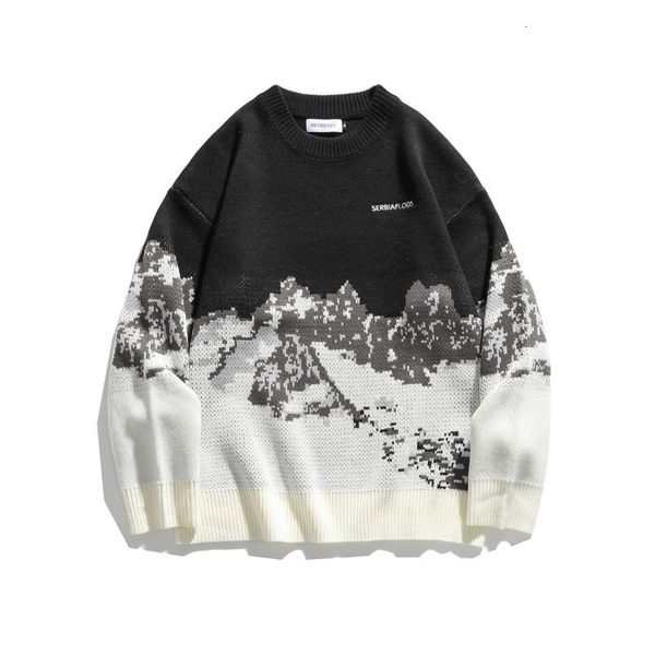 

2021 new men sweaters 2021 autumn winter harajuku women sweater snow mountain casual couple fashion wear mens thick fit knitted ajpd, Black
