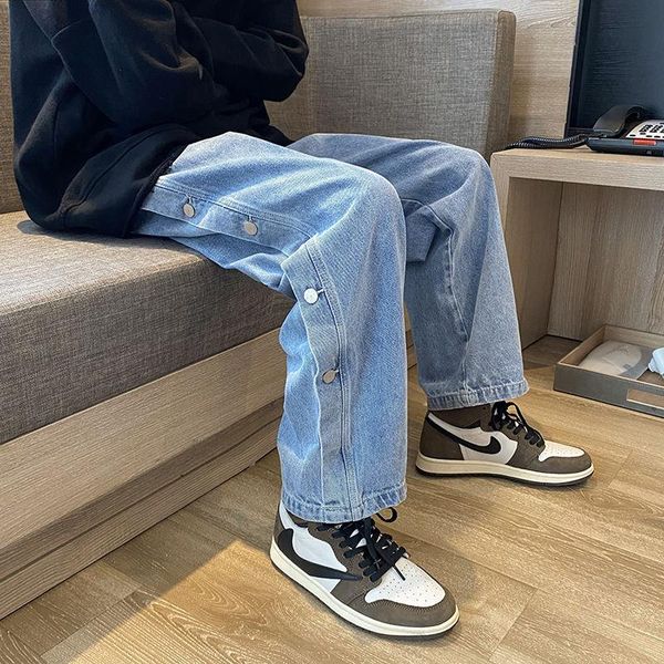 

men's jeans 2021 autumn and winter youth all-match breasted solid color fashion casual straight-leg pants black/blue