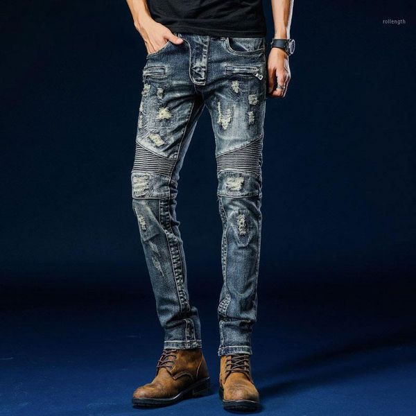 

ripped biker jeans crinkle patchwork denim trousers slim fit zipper jeans hombre mens skinny pantalon homme jean1, Blue