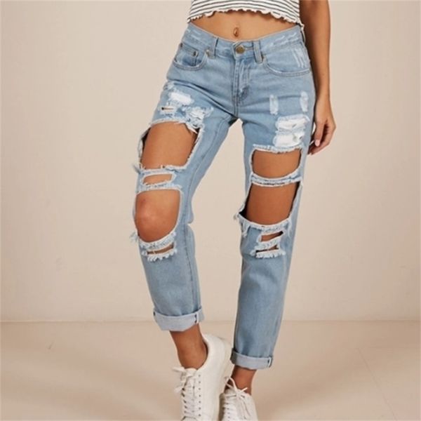 Безгарное колено большие отверстие разорванные джинсы для женщин высокий талию парень джинсы разрушенные джинсовые джинсы женщины разбитые джинсовые штаны 201223