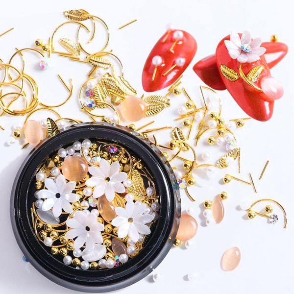 

3d mixed metal flowers nail art rhinestone natural shell decoration pearl bead charms gem accessories jewelry manicure ly123, Silver;gold