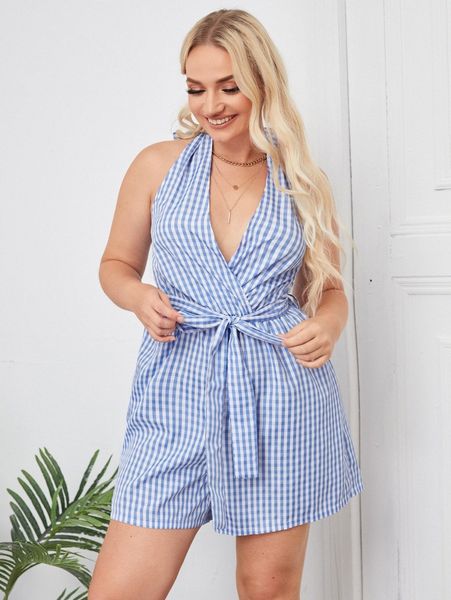 

plus gingham print belted tie back romper n9ul#, Black