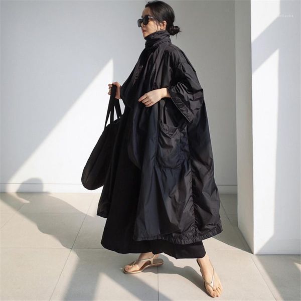 

johnature korean solid color plus size long jacket women 2020 autumn new turn-down collar bandage cotton trench coat for women1, Tan;black