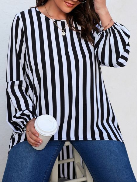 

plus striped lantern sleeve high low blouse l7tx#, Black