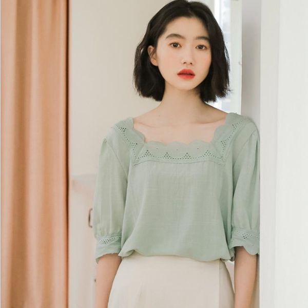 

2021 female summer style square neck sleeve short lace shirt 7uiq, White