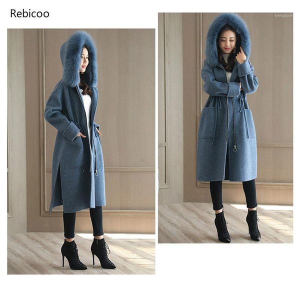 

women woolen coat winter jacket ladies woolen coat women hooded fur collar long fashion loose female winter wool1, Black