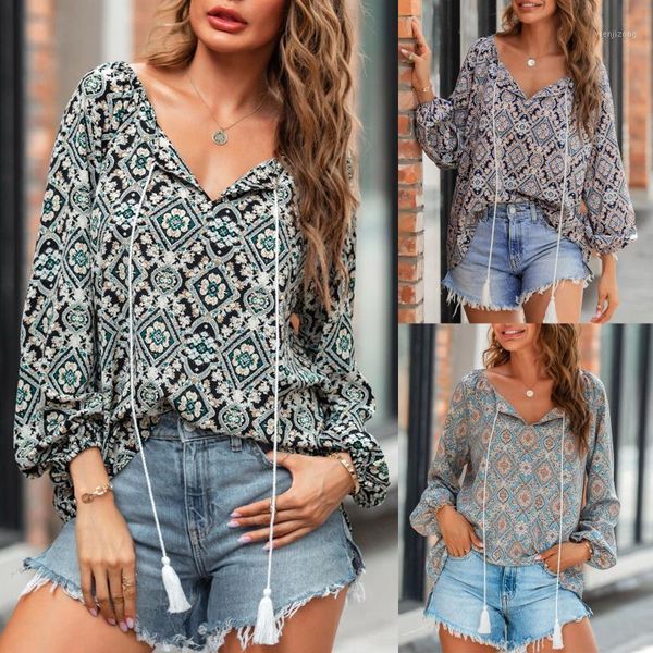 

vintage blouse women 2020 o-neck beach printing leisure time on vacation long sleeves blusas mujer de moda 2020 verano1, White