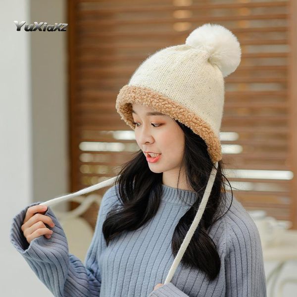 

2020 женская зима мода теплый толстый милый ухо защитная шерсть шляпа открытый велосипедный веревка вязаный шляпа, Blue;gray