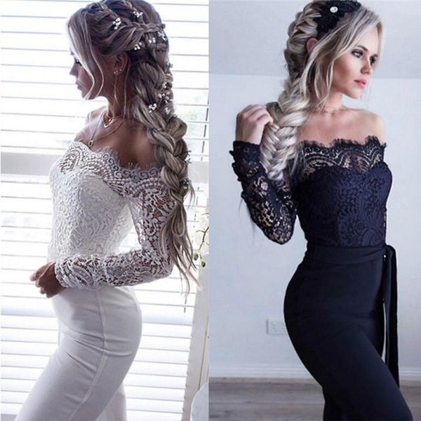 

women lace floral white color long sleeve jumpsuit romper clubwear playsuit bodycon party trousers female, Black;white
