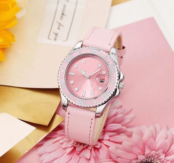 

simple designer women men luxury watches with calendar red pink leather strap brand quartz wristwatch for men gift, Slivery;brown