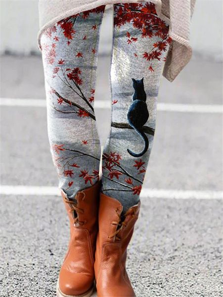 

021 fashion printing and elastic versatile thin bottomed pants, Black