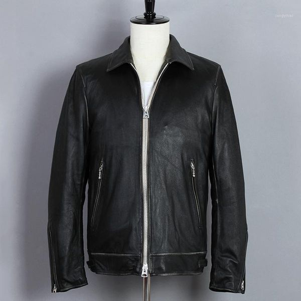 

2020 casual vintage genuine jacket men slim fit sheepskin real coat motorcycle biker leather clothing for male1, Black