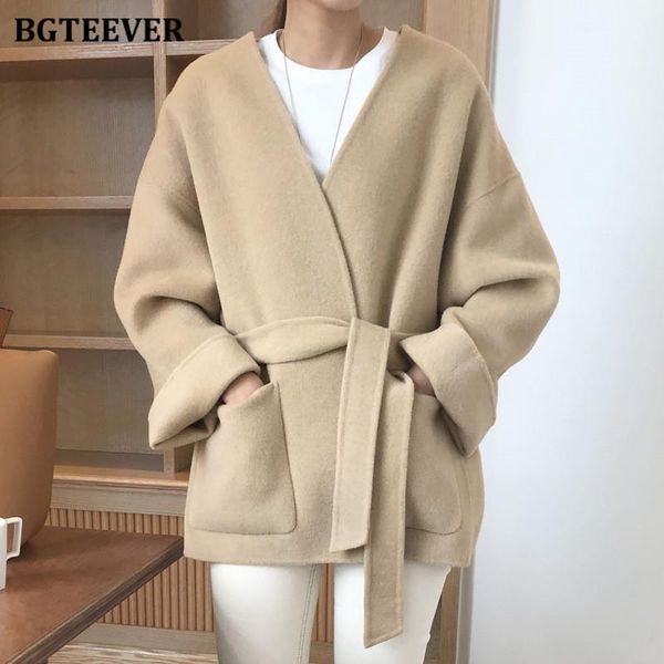 

2020 loose pockets chic outwear female winter bgteever autumn women v-neck lace-up sleeve blend long jackets woolen coats fdjmk, Black