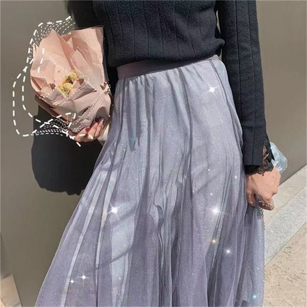 

spring elegant autumn mesh plied to line high waist woman skirt long lcfb, Black