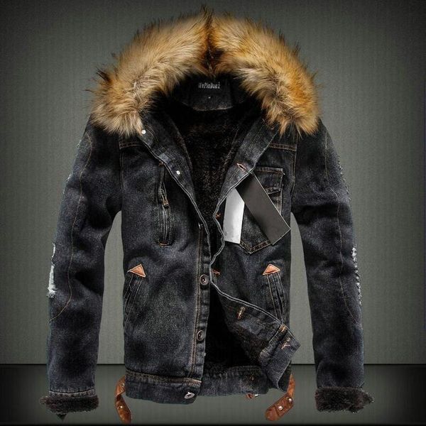 

fashion streetwear winter jacket for men black blue punk style velvet parka denim warm jacket men fur collar hooded coats, Black;brown