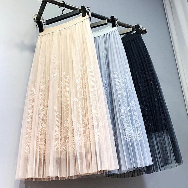 

new 2020 spring summer skirts womens floral mesh tulle skirt women elastic high waist a line mid calf midi long pleated skirt, Black